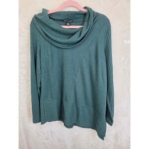 AGB Womens Small Dark Teal Ribbed Cowl Neck Asymmetrical Hem Long Sleeve Sweater